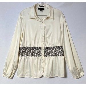 Style & Co Blouse Womens 14 Multicolor Satin Cinched Lace St Moritz Button Down